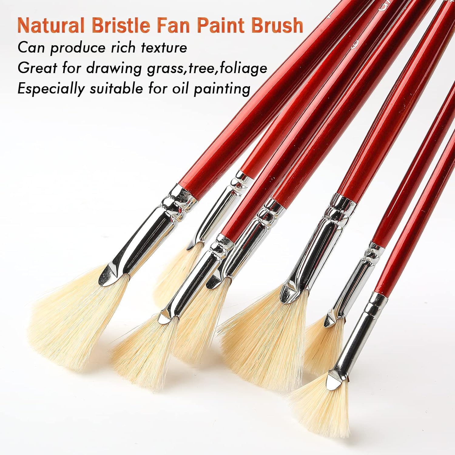 7Pcs Fan Artist Brushes with Hog Bristle Natural Hair Long Wood Handle