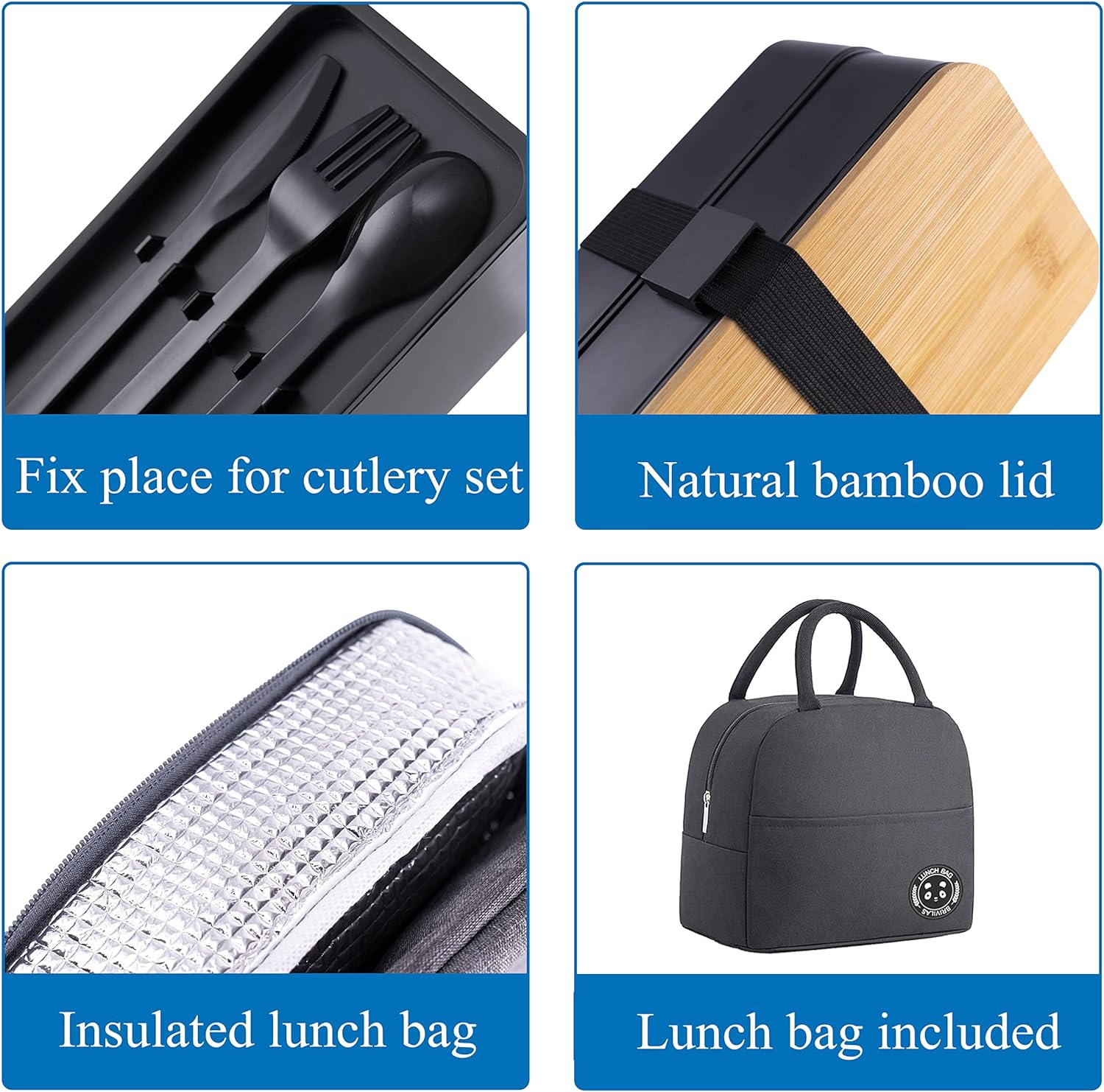 Japanese Bamboo Bento Lunch Box with Compartments and Utensils