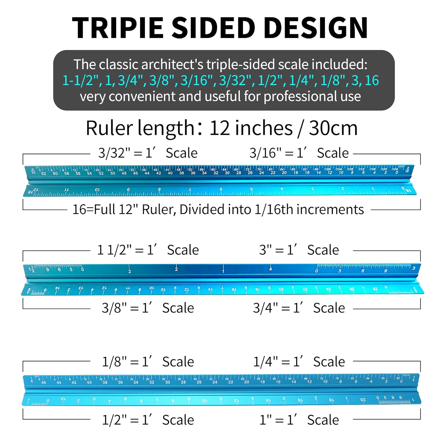 12" Architectural Scale Ruler Triangular Aluminum Blue