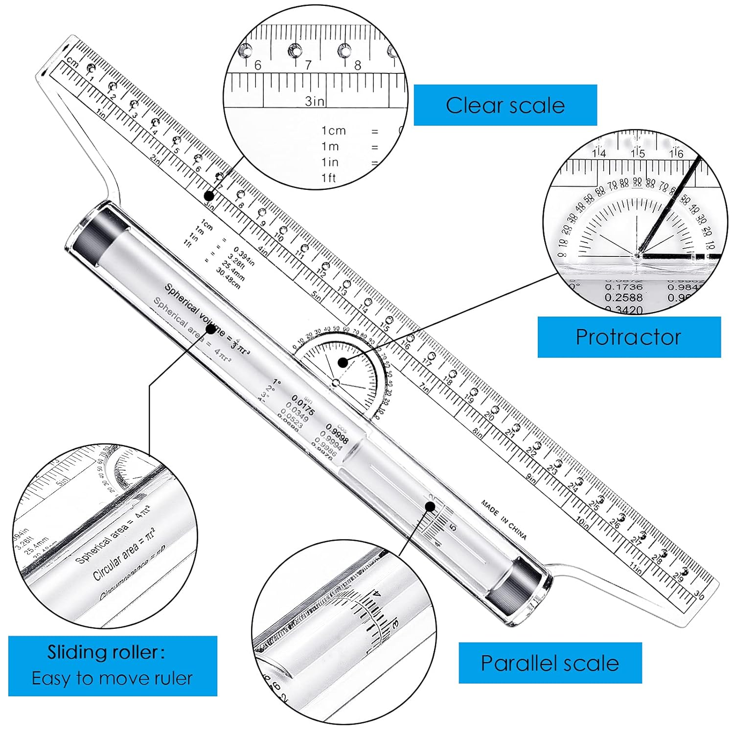 Multifunctional Rolling Ruler Drawing Parallel Roller Ruler 6/12 Inch