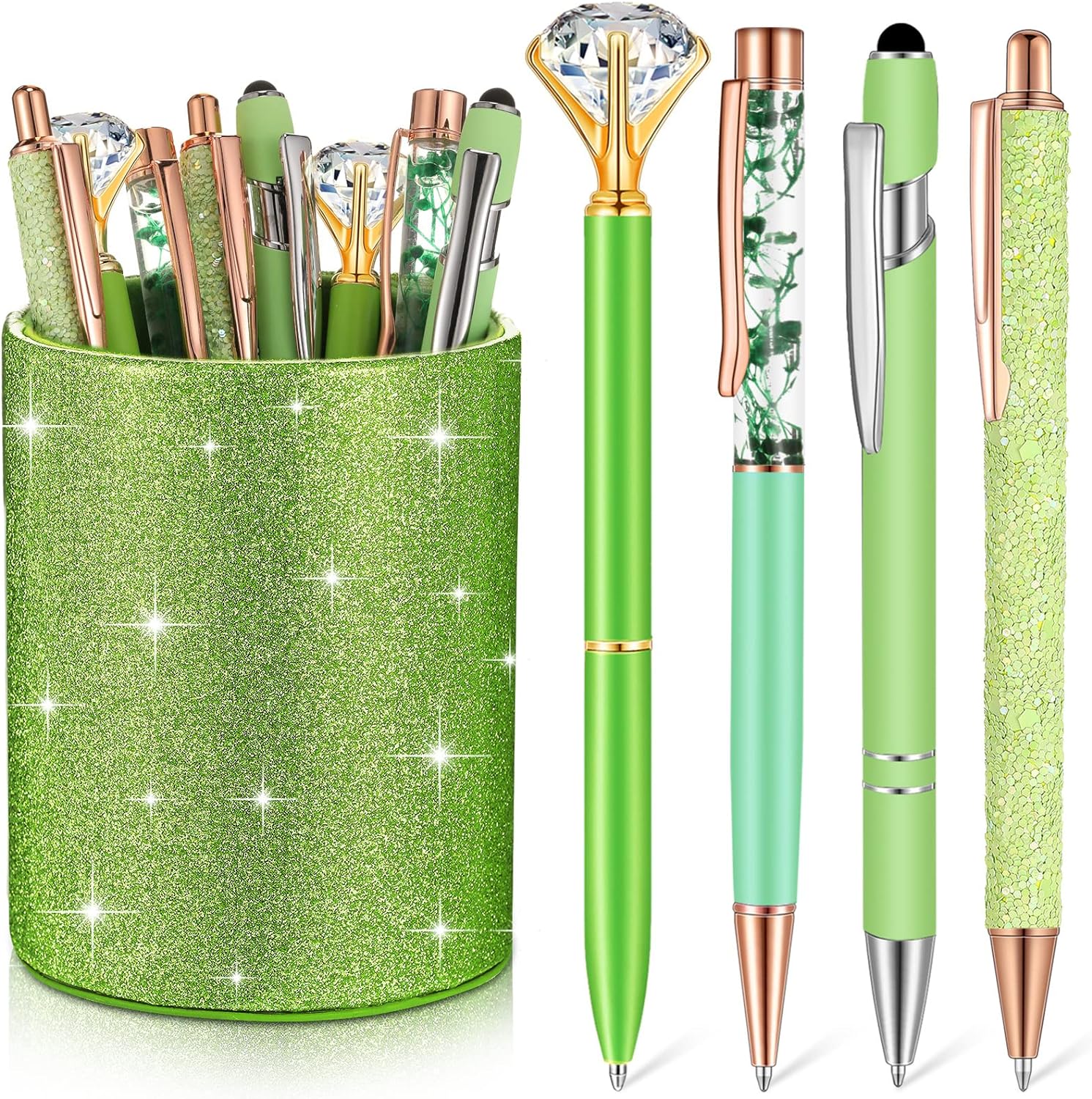 8Pcs Crystal Glitter Ballpoint Pens with Pen Holder for Desk Organizer