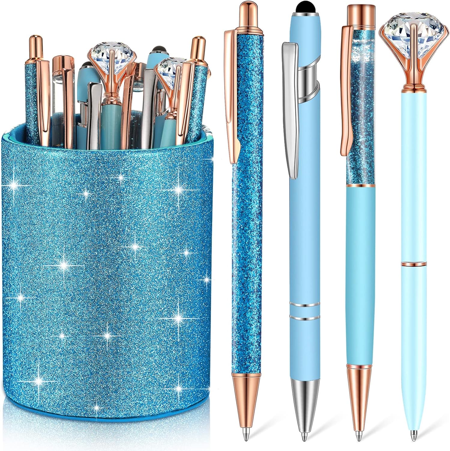 8Pcs Crystal Glitter Ballpoint Pens with Pen Holder for Desk Organizer