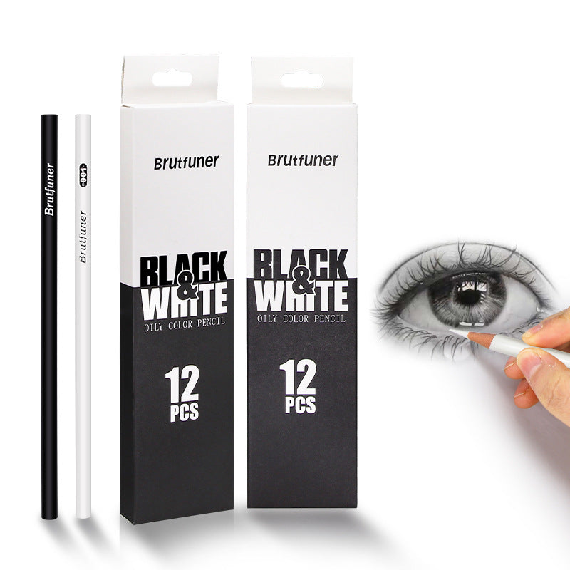 BRUTFUNER 12Pcs Black & White Oily Color Sketch Drawing Pencils