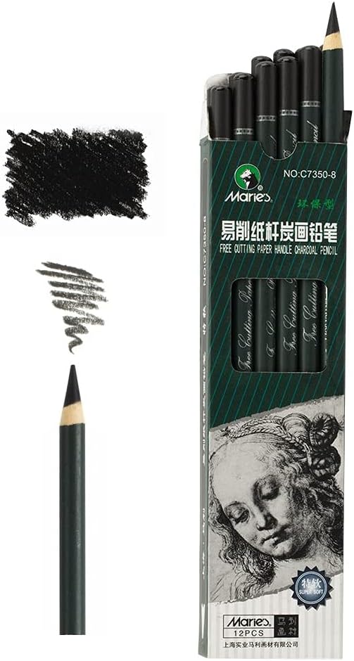 Marie's 12 Artist Soft Black Paper Handle Charcoal Pencils for Drawing Sketching