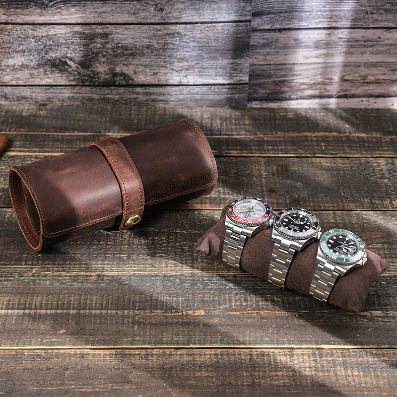 Genuine Leather Travel 3 Watch Case Roll Organizer