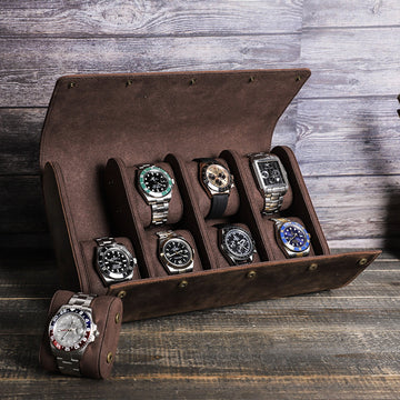 Leather 8 Watch Roll Storage Case for Travel Display