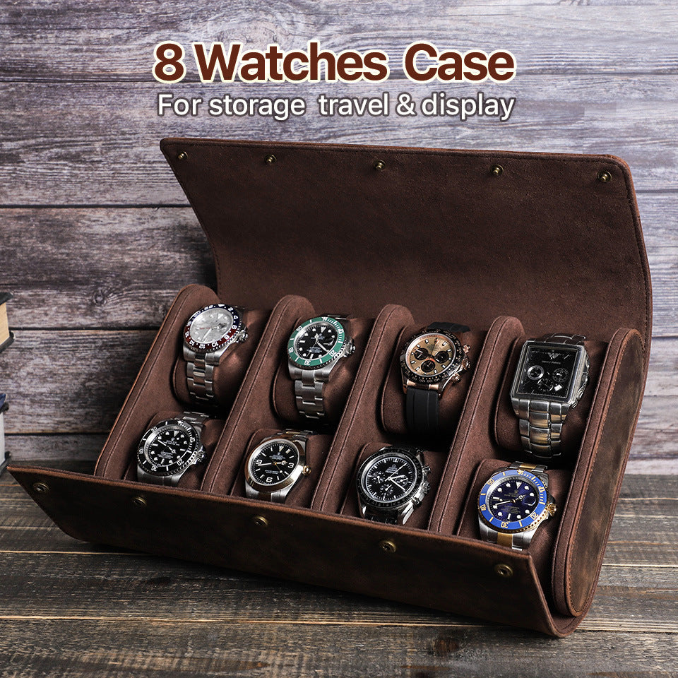 Leather 8 Watch Roll Storage Case for Travel Display