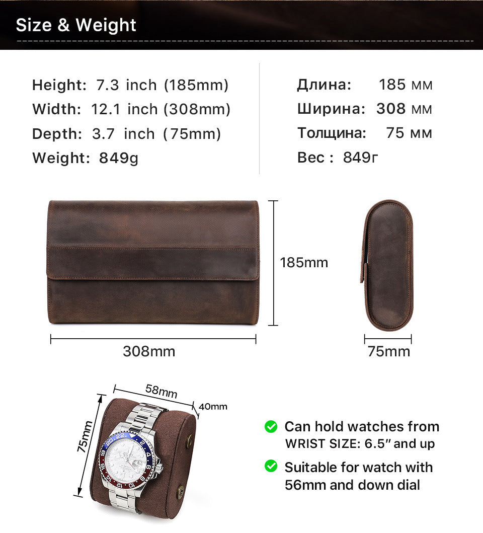 Leather 8 Watch Roll Storage Case for Travel Display