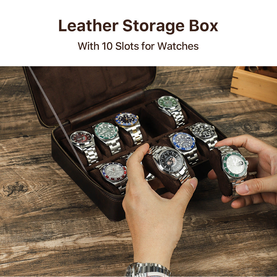 Leather 10 Slots Watch Case Zippered Storage Box for Travel Display