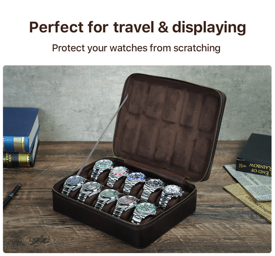 Leather 10 Slots Watch Case Zippered Storage Box for Travel Display