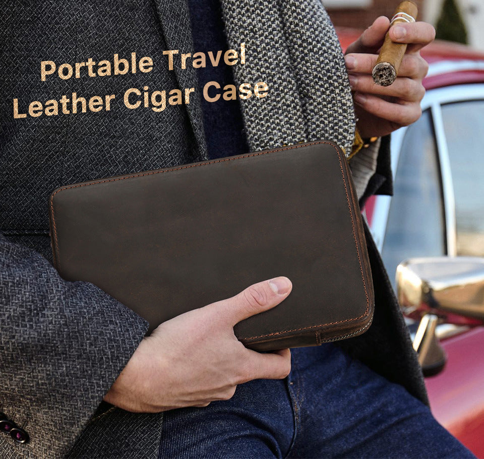 Leather Cigar Case Travel Humidor for 4 Cigars Storage Box