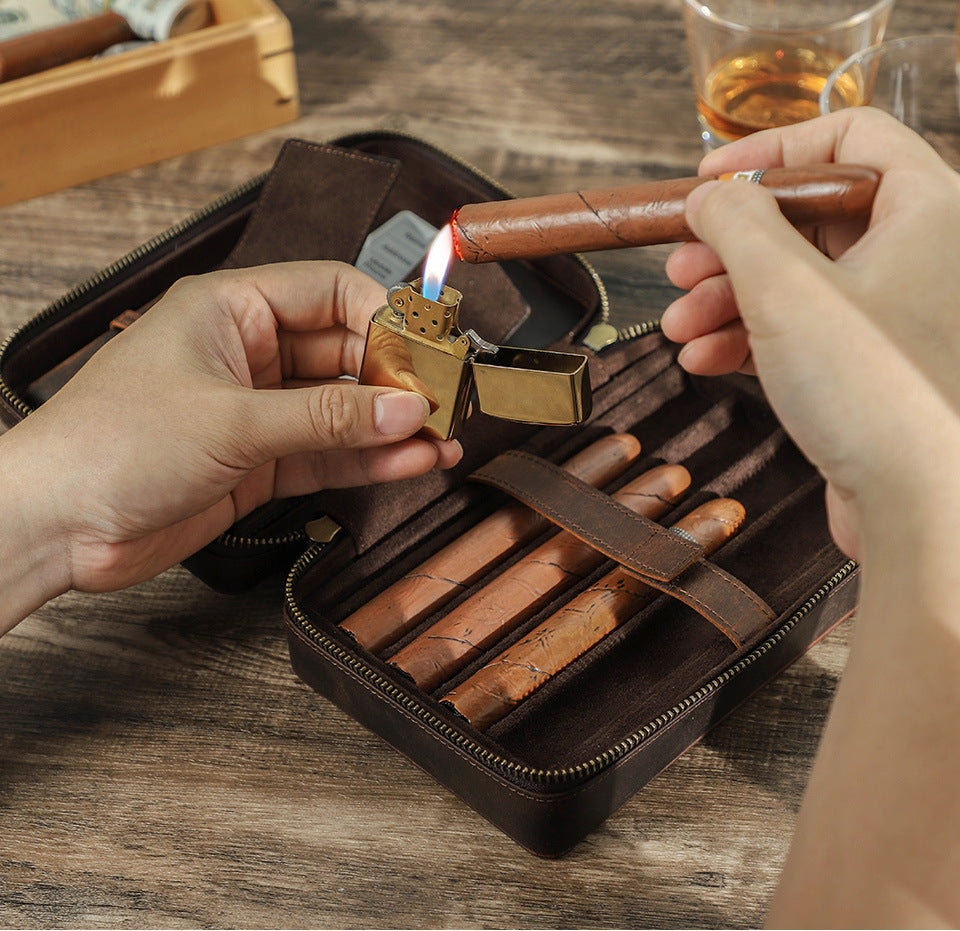 Leather Cigar Case Travel Humidor for 4 Cigars Storage Box