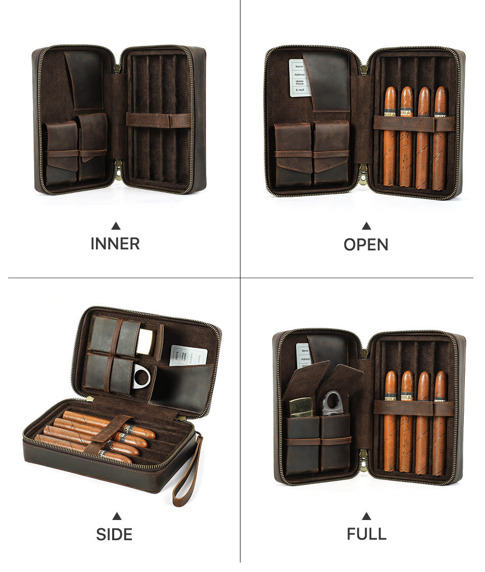 Leather Cigar Case Travel Humidor for 4 Cigars Storage Box