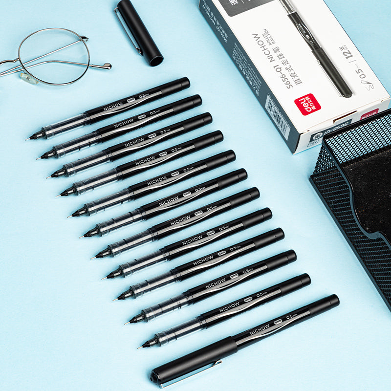 DELI NICHOW Liquid Black Ink Rollerball Pens 0.5mm Needle Tip 12 Pack