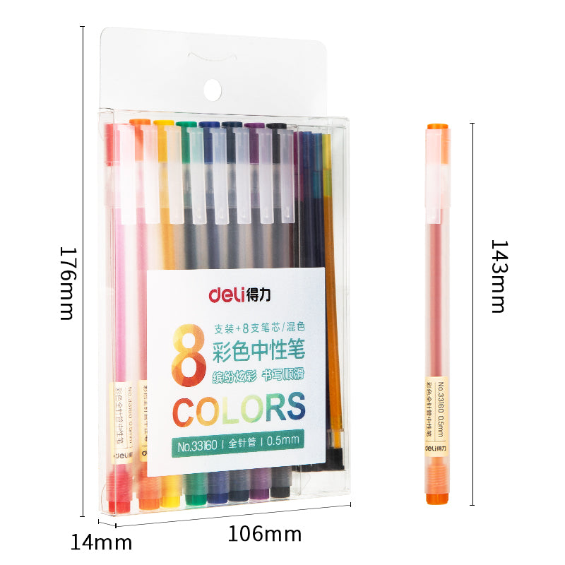 DELI 8 Color Gel Ink Pen with 8pcs Refills 0.5MM Needle Tip