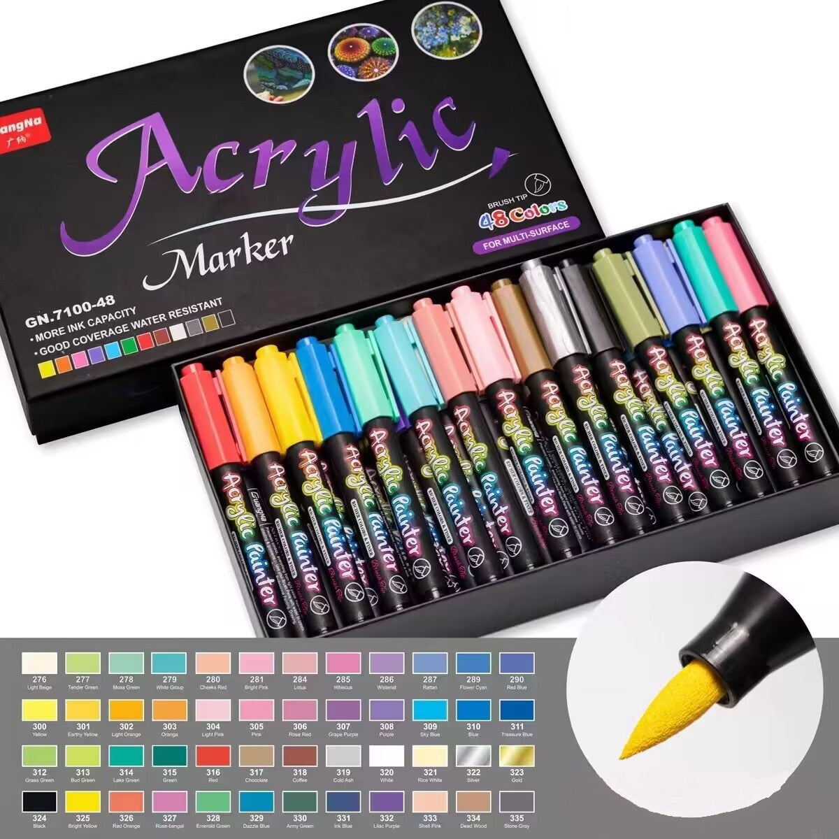 Guangna 48 Colors Brush Tip Acrylic Paint Marker Pens