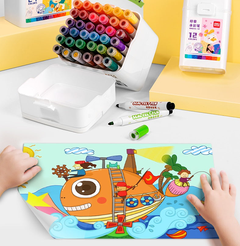 DELI Washable Drawing Stamp Art Markers with Storage Box for Kids