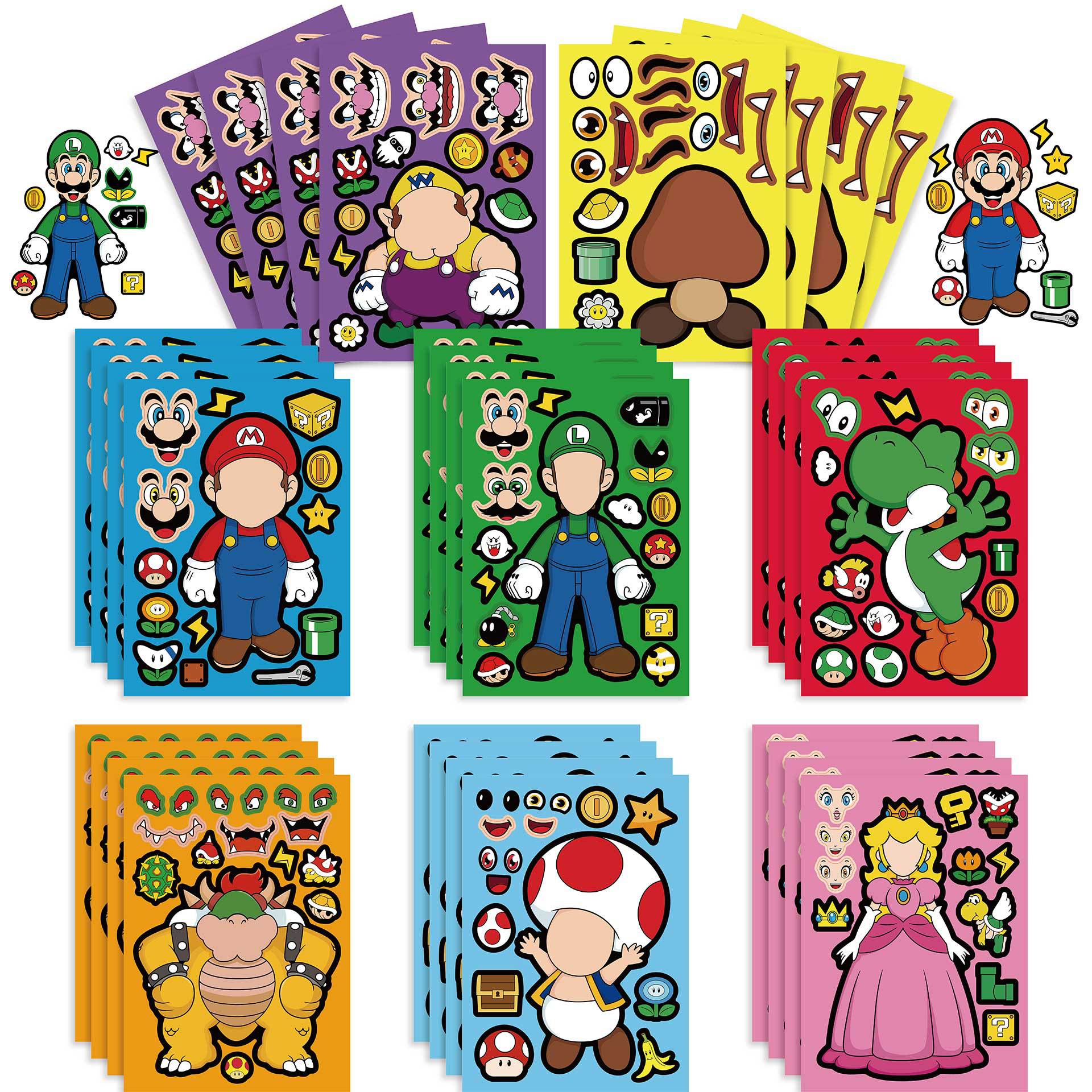 32 Sheets Super Mario Bros Make a Face DIY Stickers for Kids