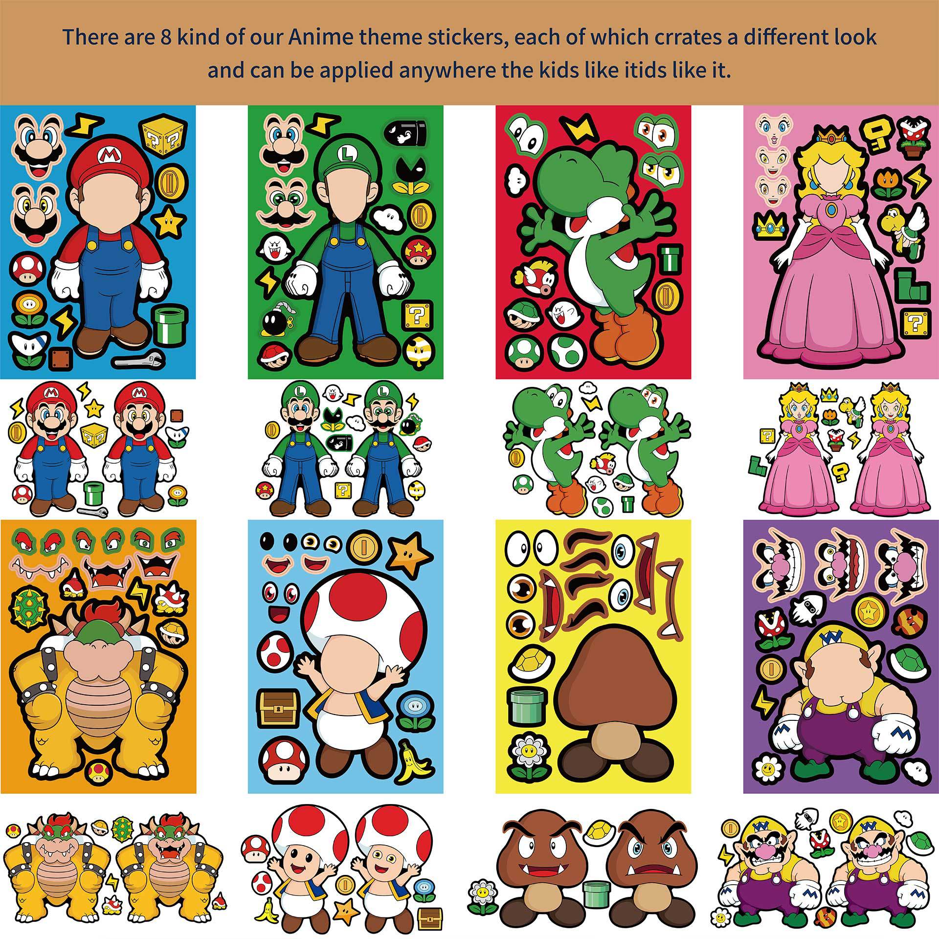 32 Sheets Super Mario Bros Make a Face DIY Stickers for Kids