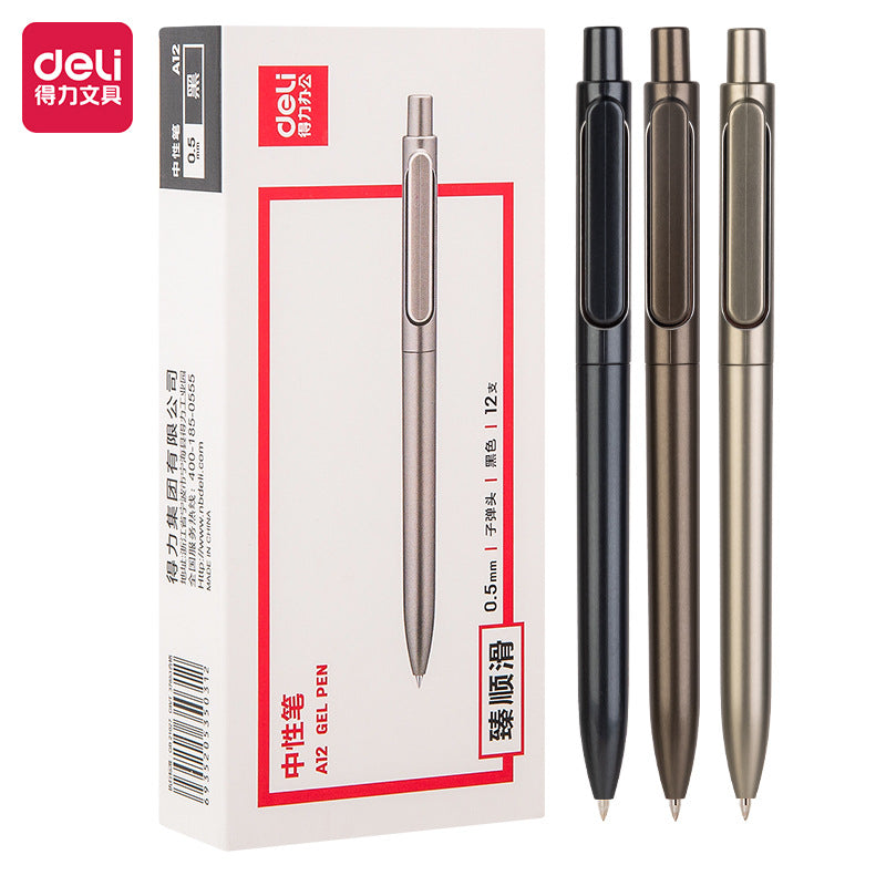 DELI A12 Retractable Gel Pen Quick Dry Black Ink 12 Pack