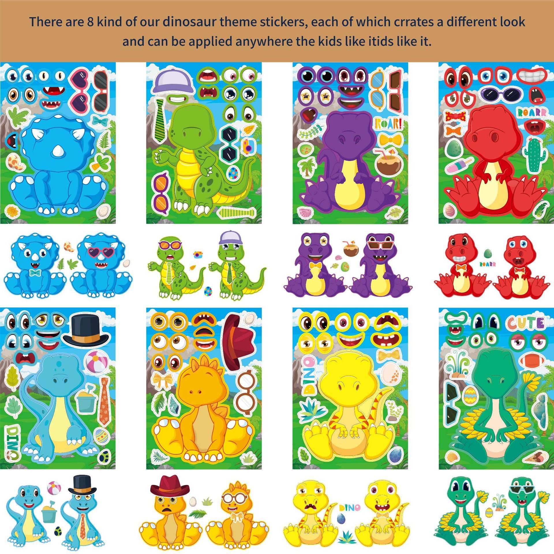 32 Sheets Cartoon Dinosaur Theme Make Your Own Stickers for Kids