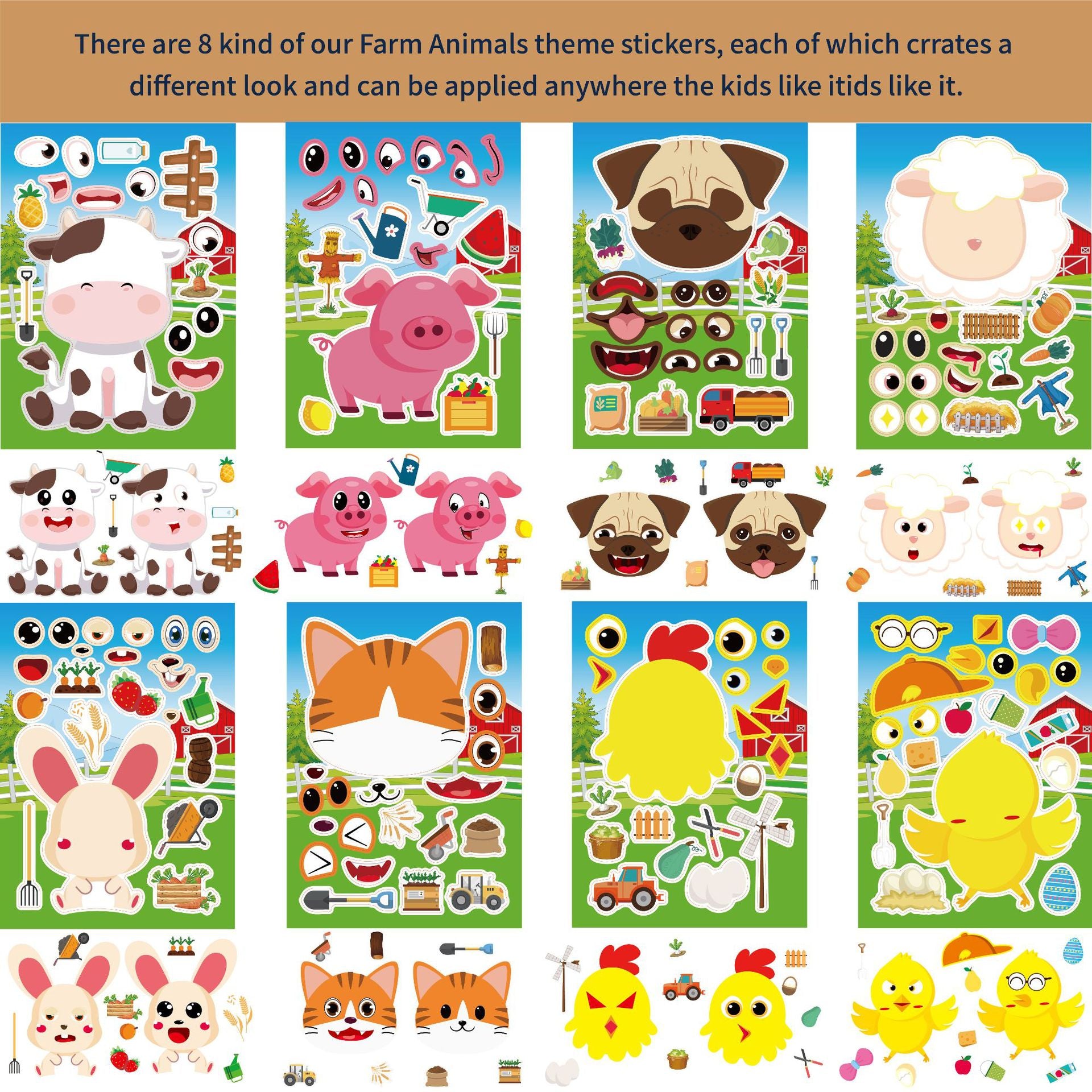 32 Sheets Farm Animals Make Your Own Stickers for Kids