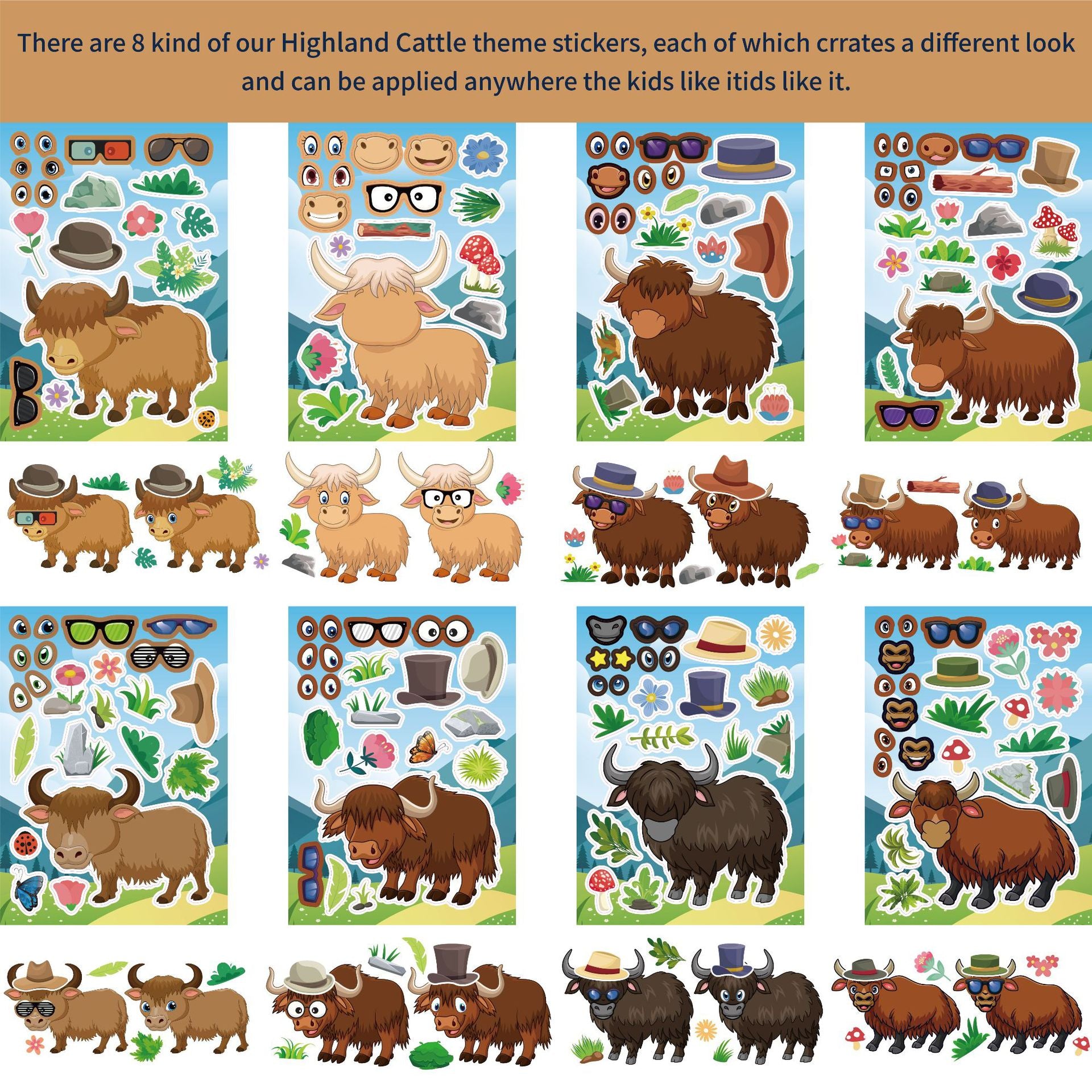 32 Sheets Hightland Cattle Make Your Own Stickers for Kids