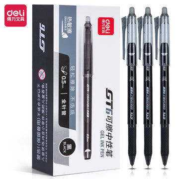 DELI Erasable Retractable Gel Pens,Fine Point,Black Ink,12-Pack