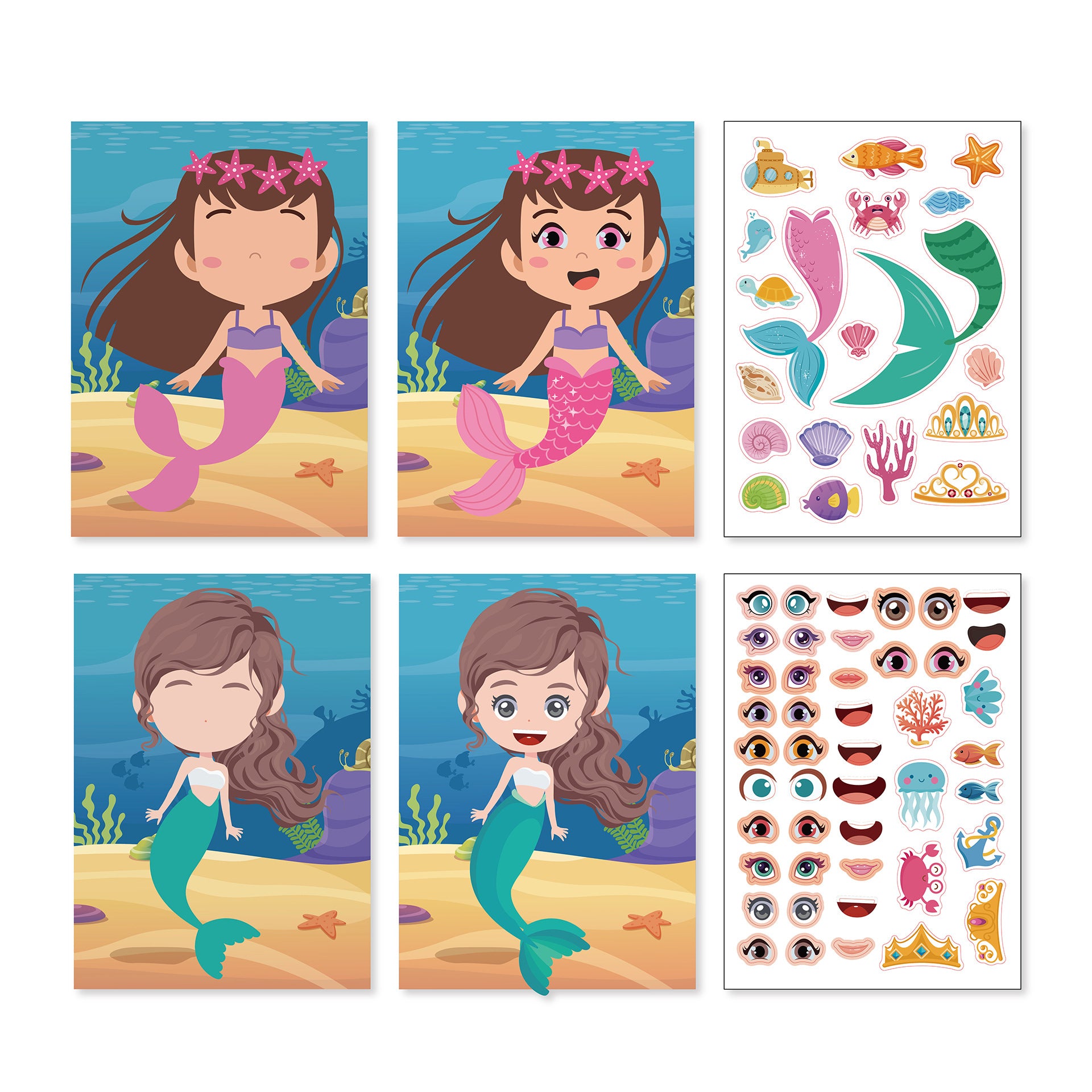 20 Sheets Mermaid Make a Face Stickers for Kids Girls DIY