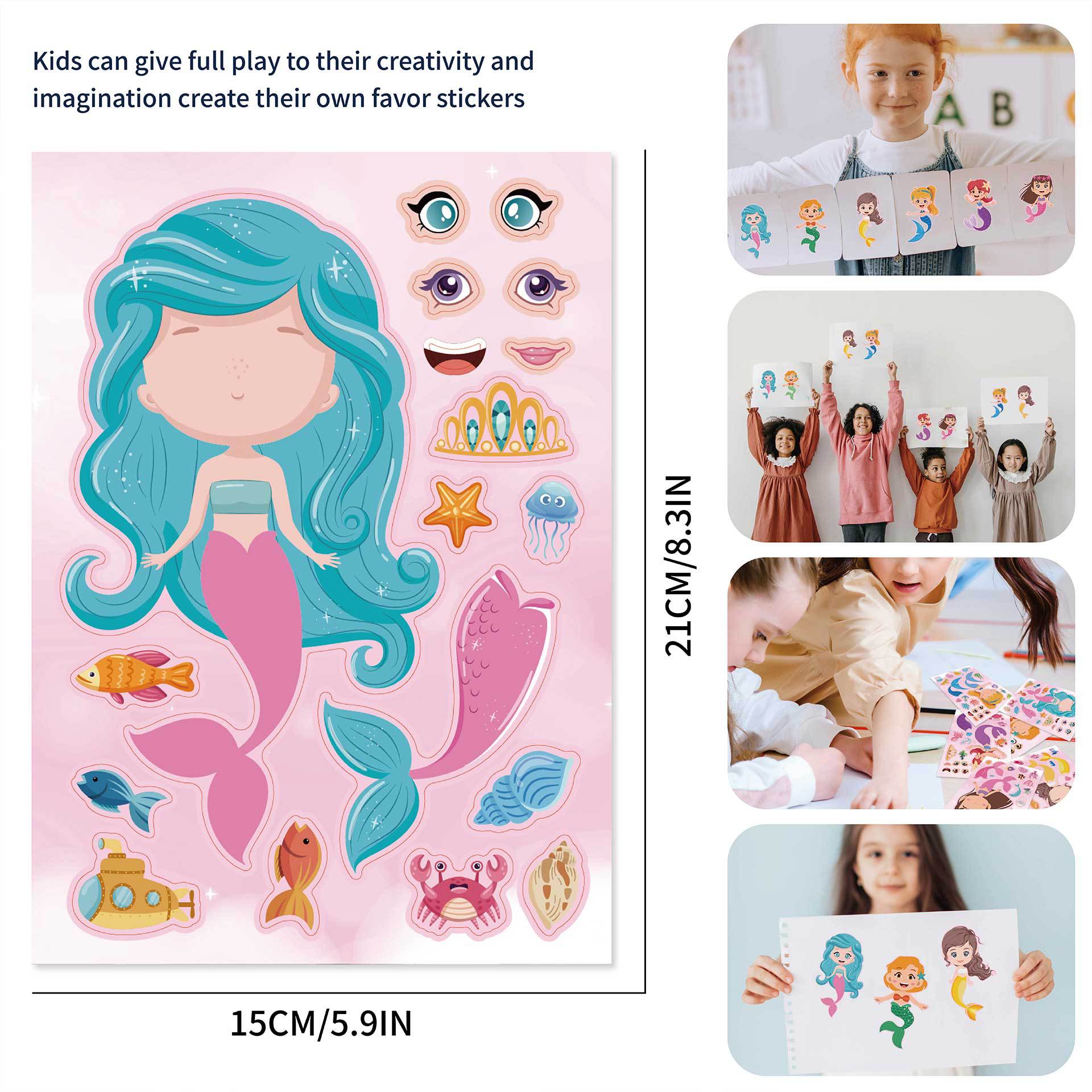 24 Sheets Mermaid Make a Face Sticker Sheets for Kids Girls