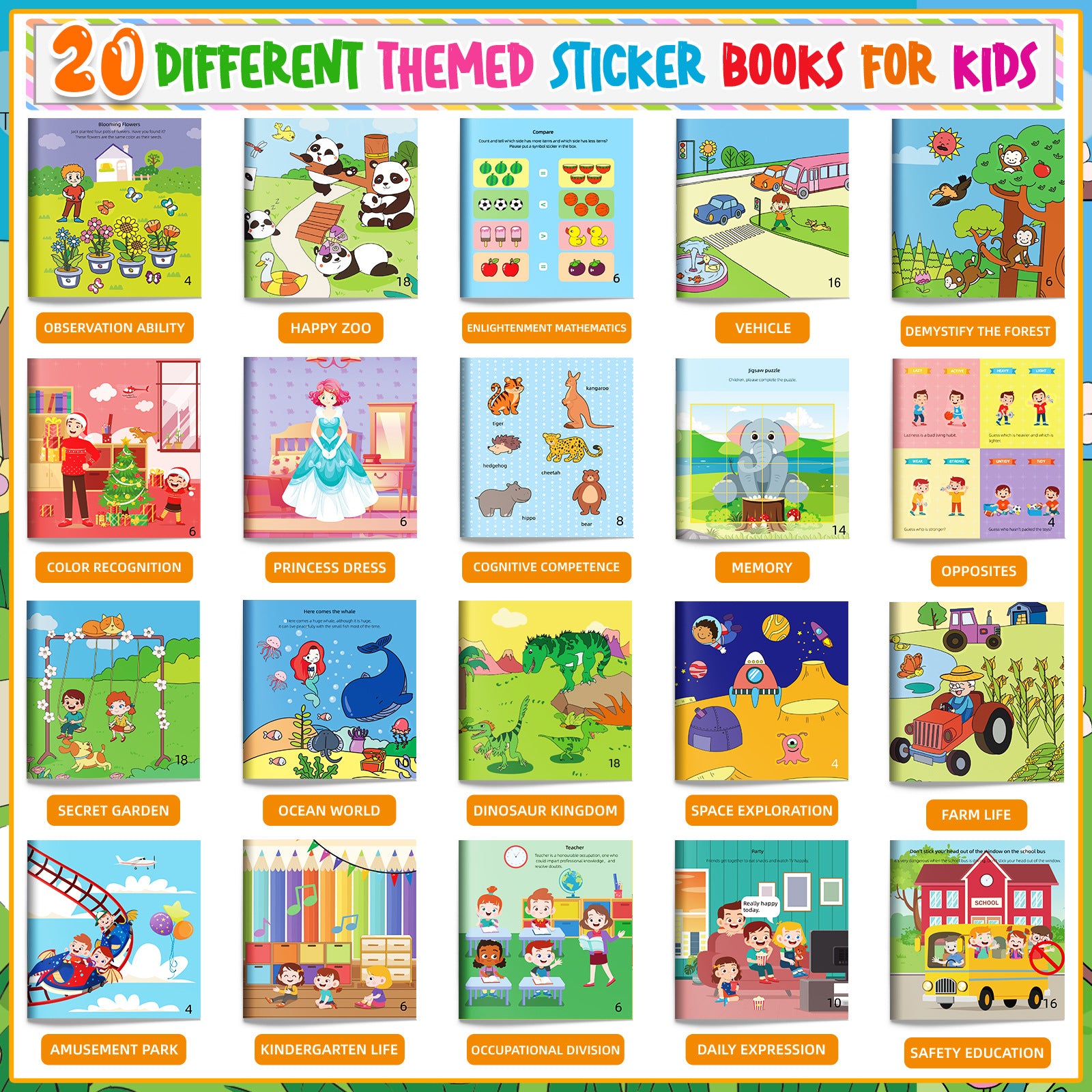 Concertration Training Sticker Books for Kids 2-6 Years 20 Pack