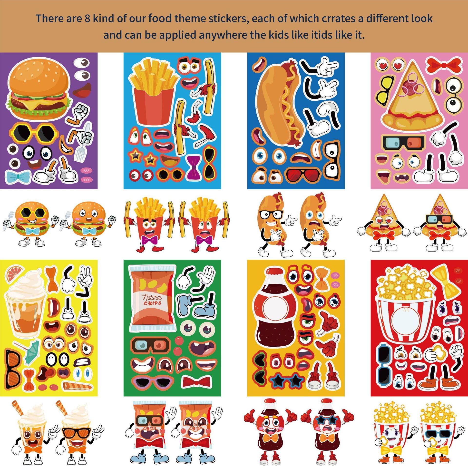 32 Sheets Food Theme Make Your Own Stickers for Kids Birthday Party