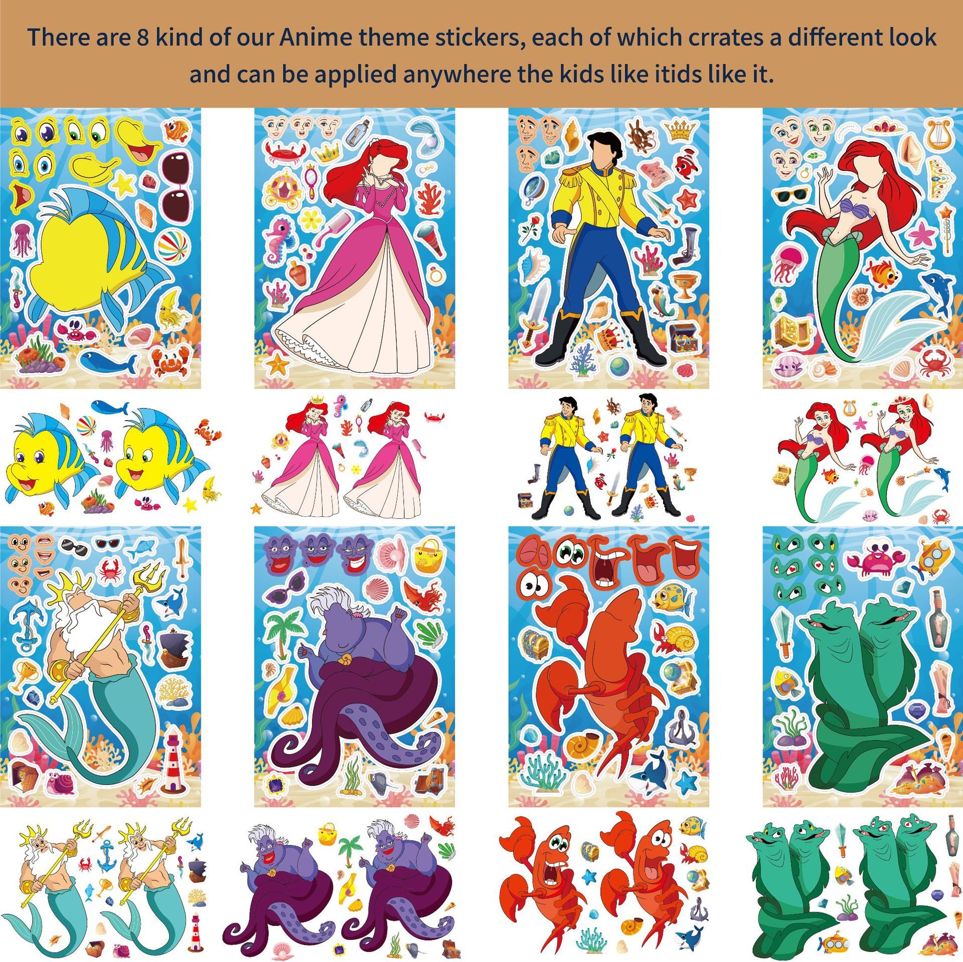 32Pcs Cartoon Mermaid Make a Face Stickers for Kids Girls