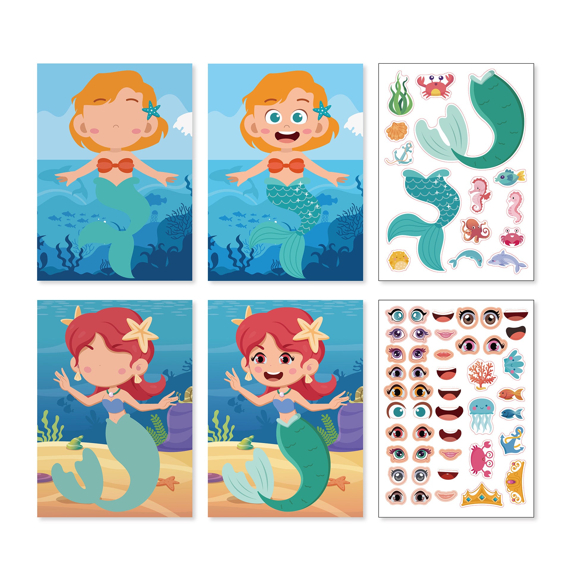 20 Sheets Mermaid Make a Face Stickers for Kids Girls DIY