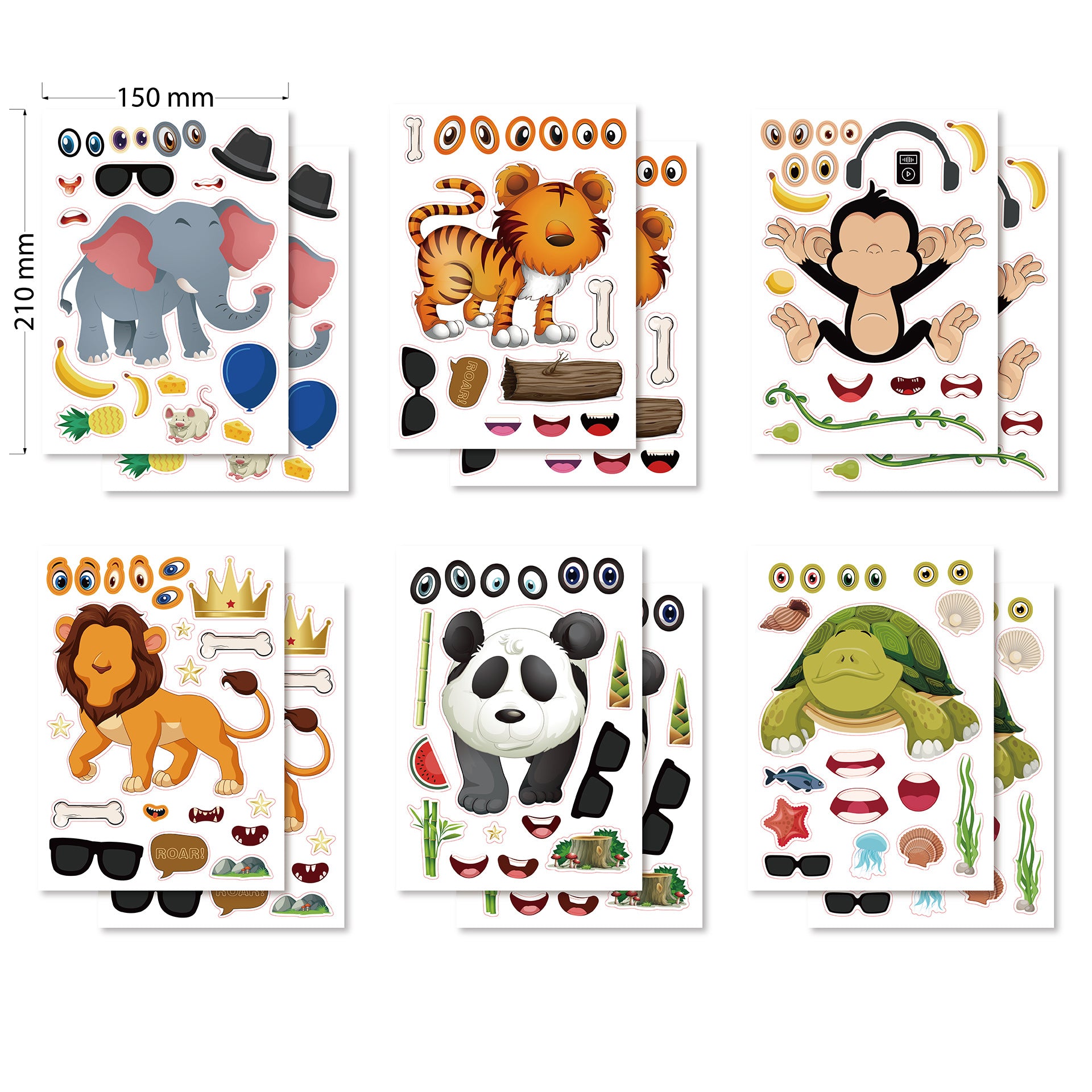 24 Sheets Panda Turtle Monkey Lion Tiger Elephant Make Your Own Stickers for Kids