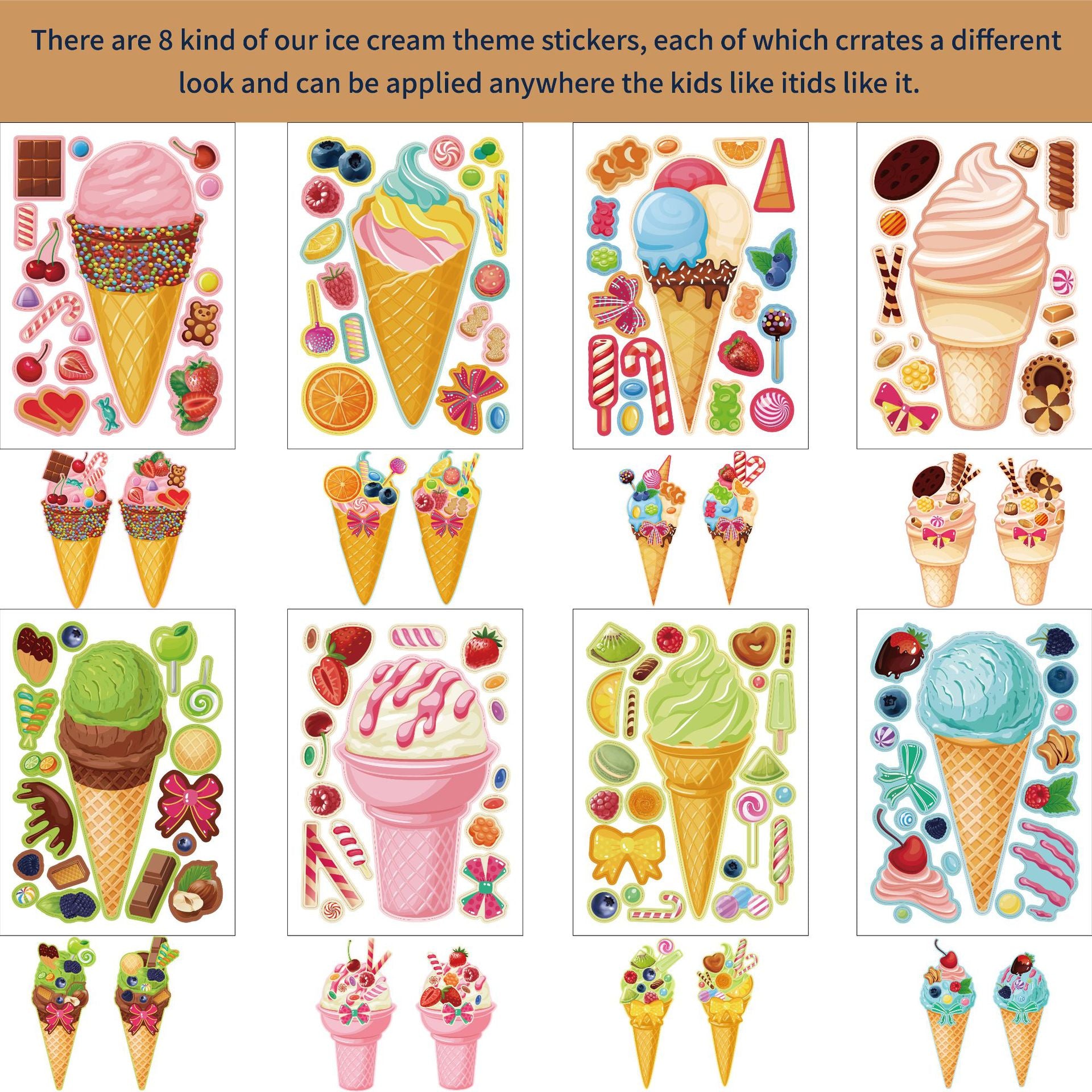 32 Sheets Cartoon Ice Cream Summer Face DIY Stickers for Kids