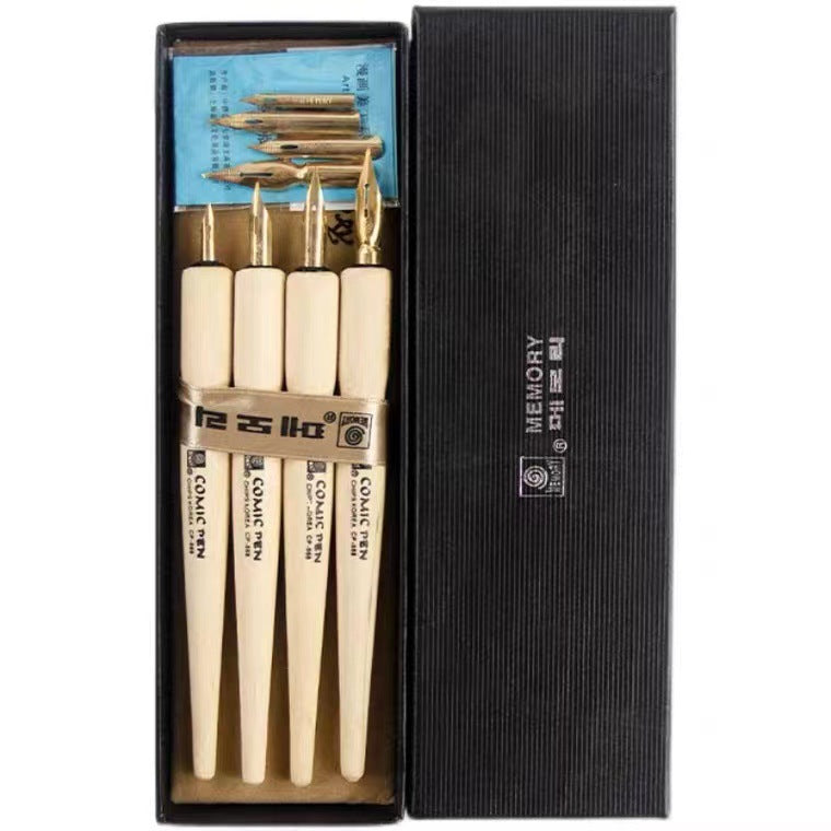 MEMORY 4 Wooden Comic Dip Pen Set