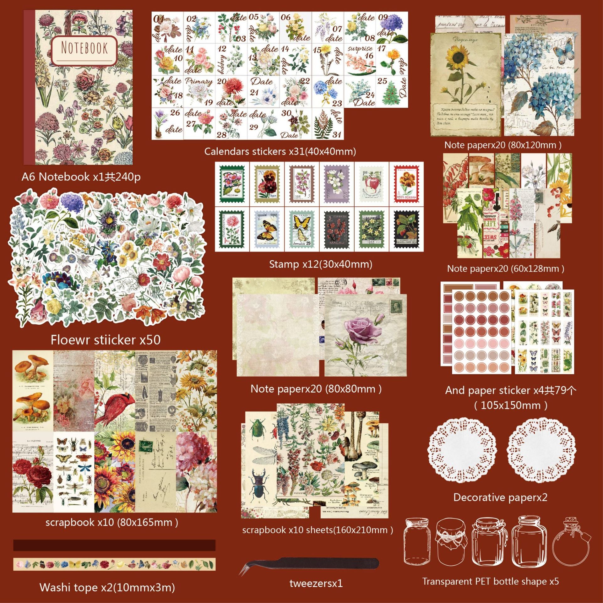 265 PCS Vintage Flower Scrapbook Kit with A6 Notebook