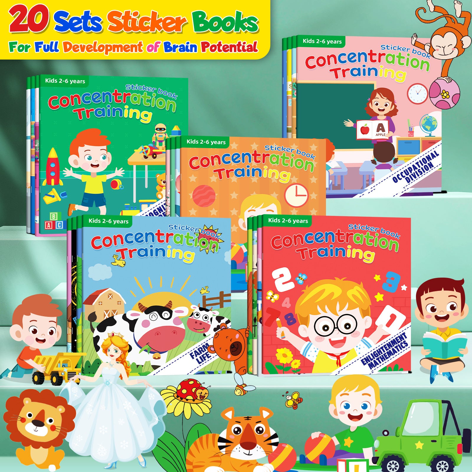 Concertration Training Sticker Books for Kids 2-6 Years 20 Pack