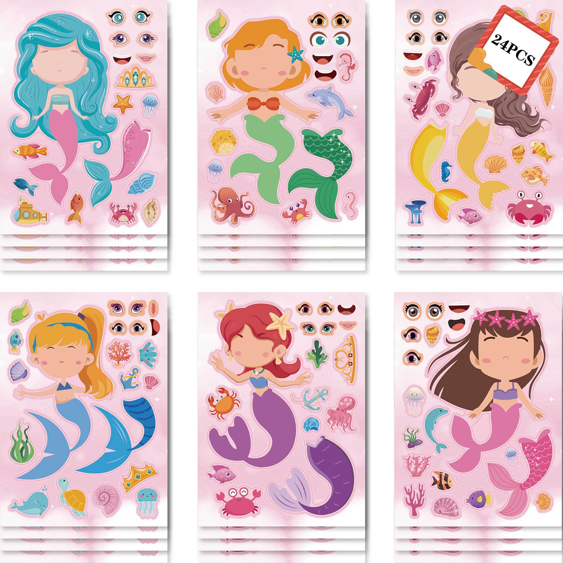 24 Sheets Mermaid Make a Face Sticker Sheets for Kids Girls