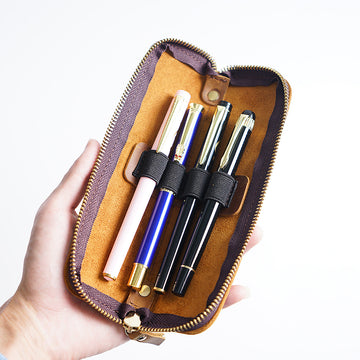 4 Divided Slots Zippered Leather Fountain Pen Case Pouch