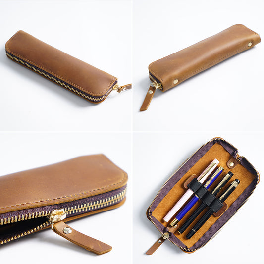 4 Divided Slots Zippered Leather Fountain Pen Case Pouch