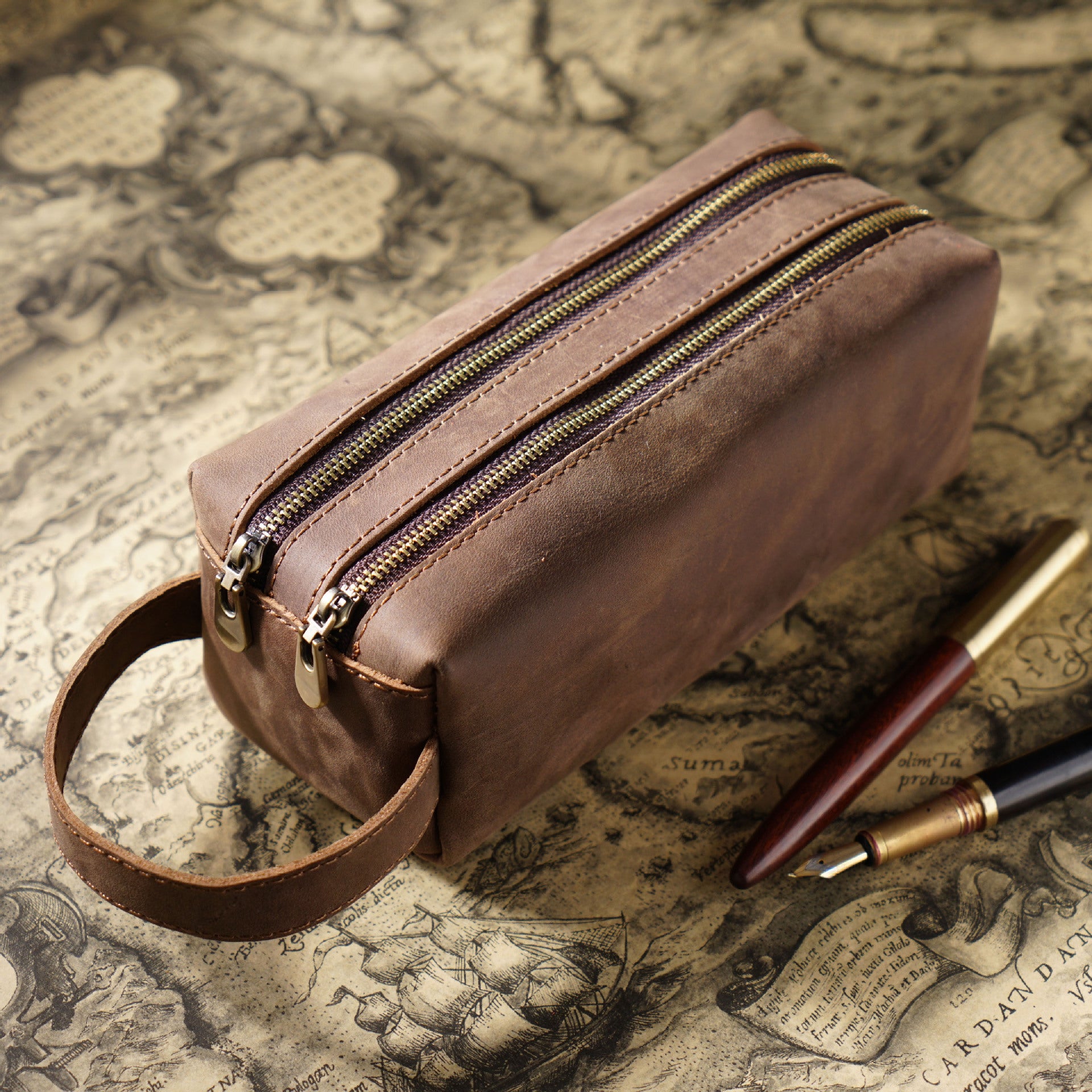 Vintage Leather Pen Pouch Big Capacity Pencil Case with 2 Compartment