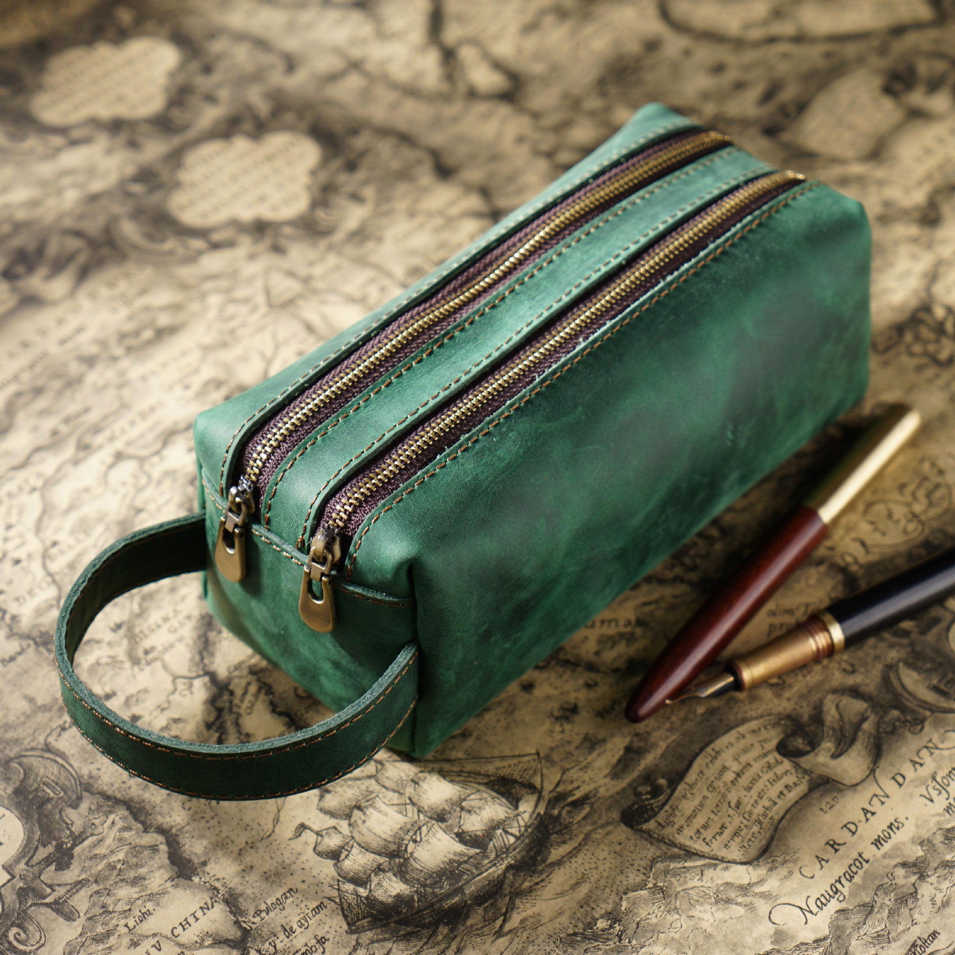 Vintage Leather Pen Pouch Big Capacity Pencil Case with 2 Compartment