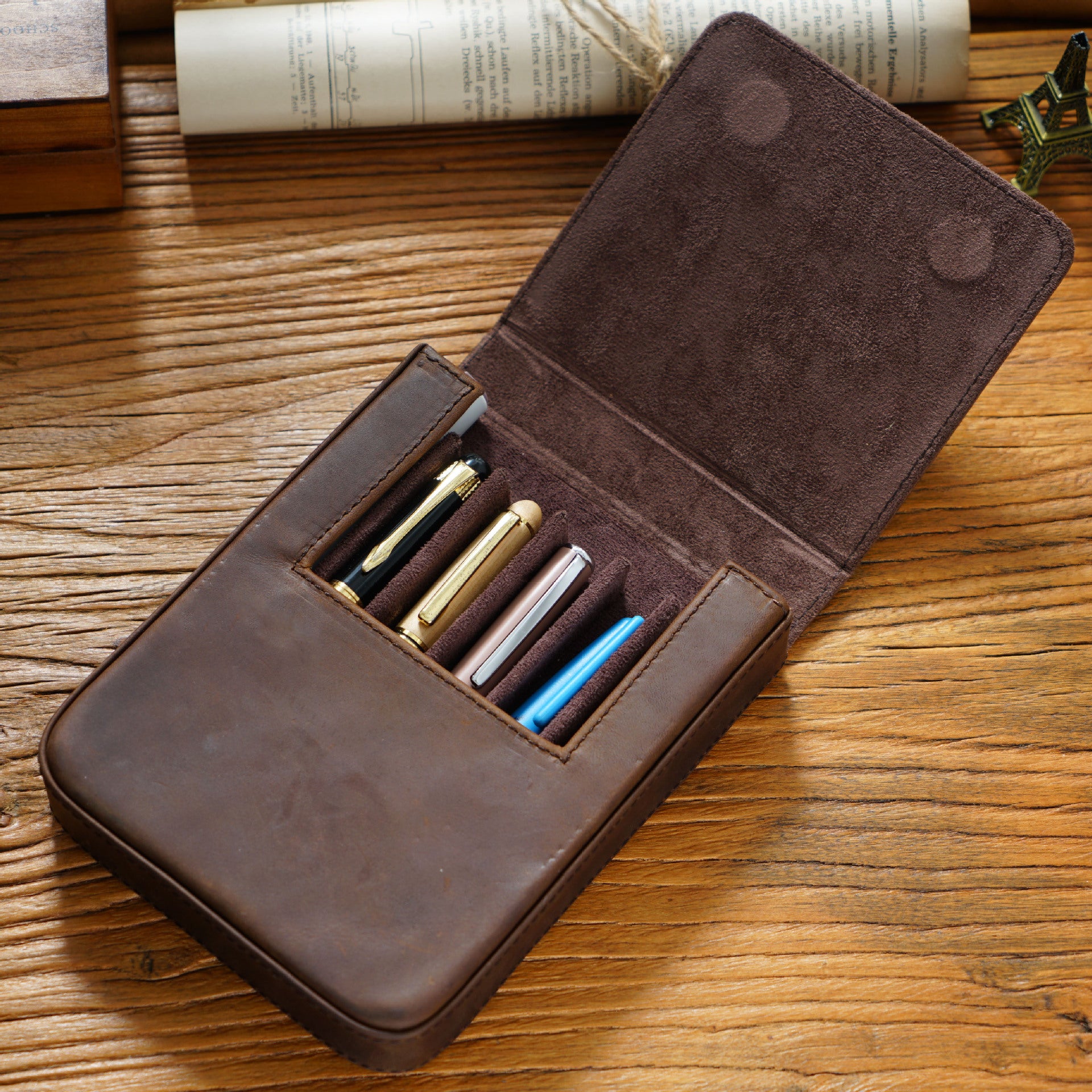 Vintage Leather Pen Case Storage with 6 Slots