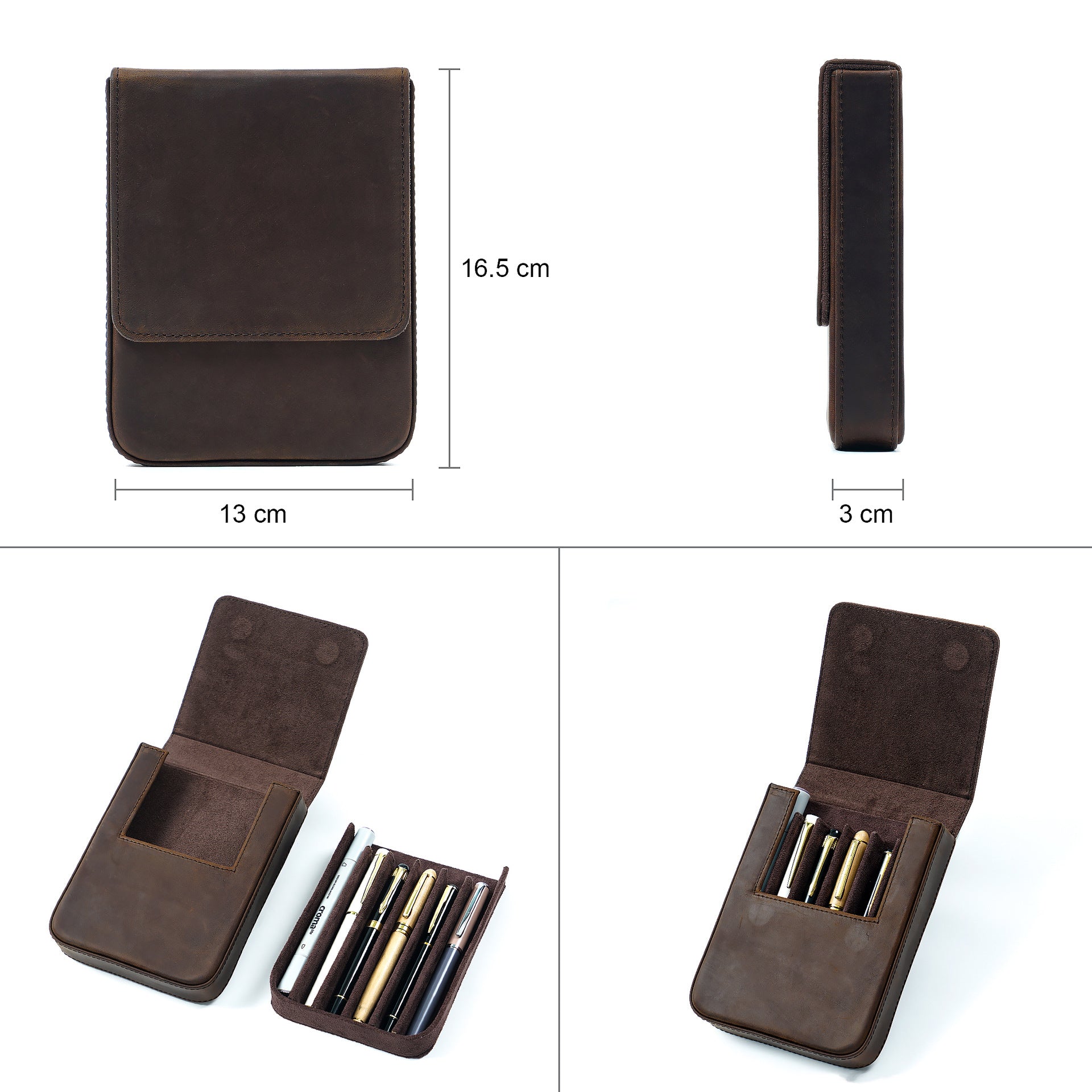 Vintage Leather Pen Case Storage with 6 Slots