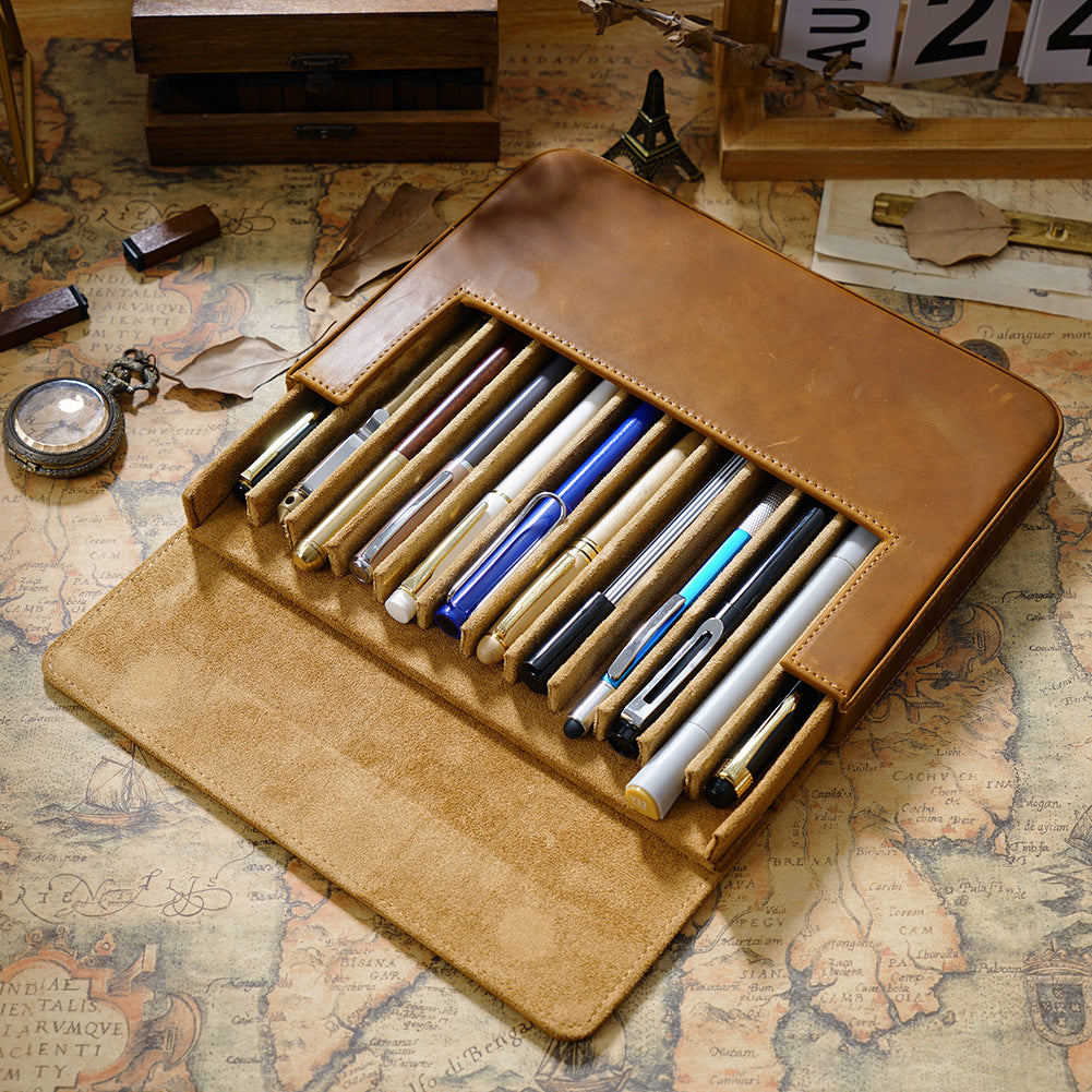 Leather Pen Case Storage with 12 Slots