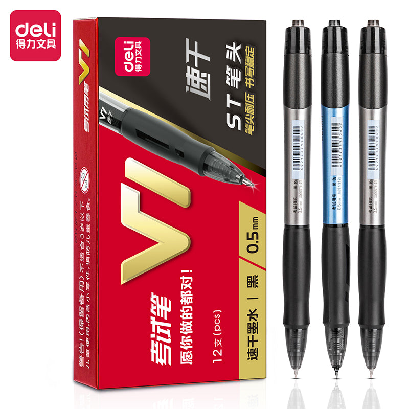 DELI Retractable Gel Pen 0.5mm Fine Line Needle Tip Black Ink (12pcs)