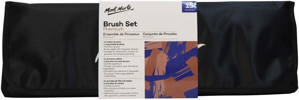 Mont Marte Premium Paint Brush Set 15 Piece,Roll Case with Magnetic Closure