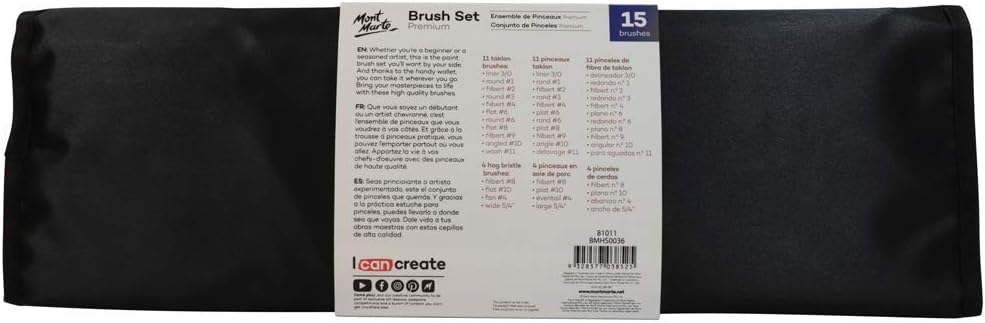 Mont Marte Premium Paint Brush Set 15 Piece,Roll Case with Magnetic Closure